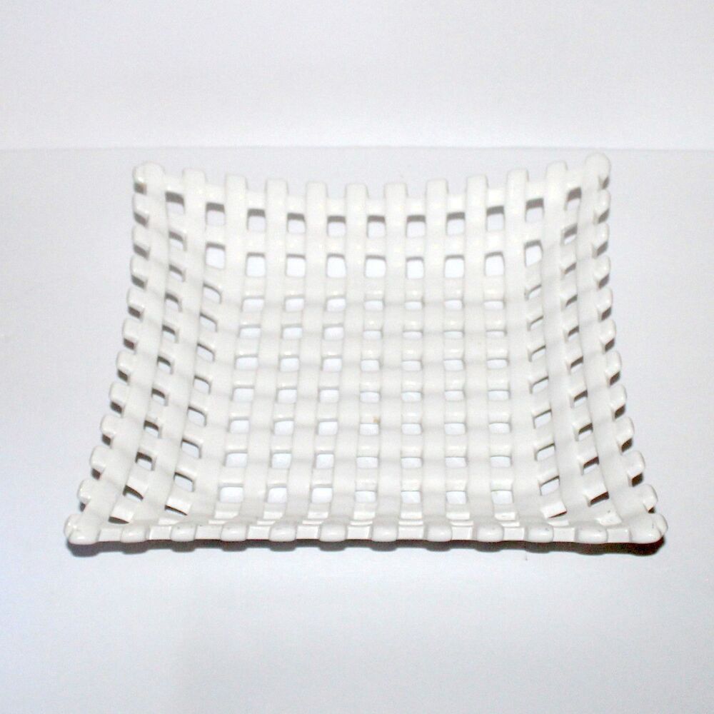 Pier 1 White Ceramic Lattice Bowl fruit basket weave 11" square decor